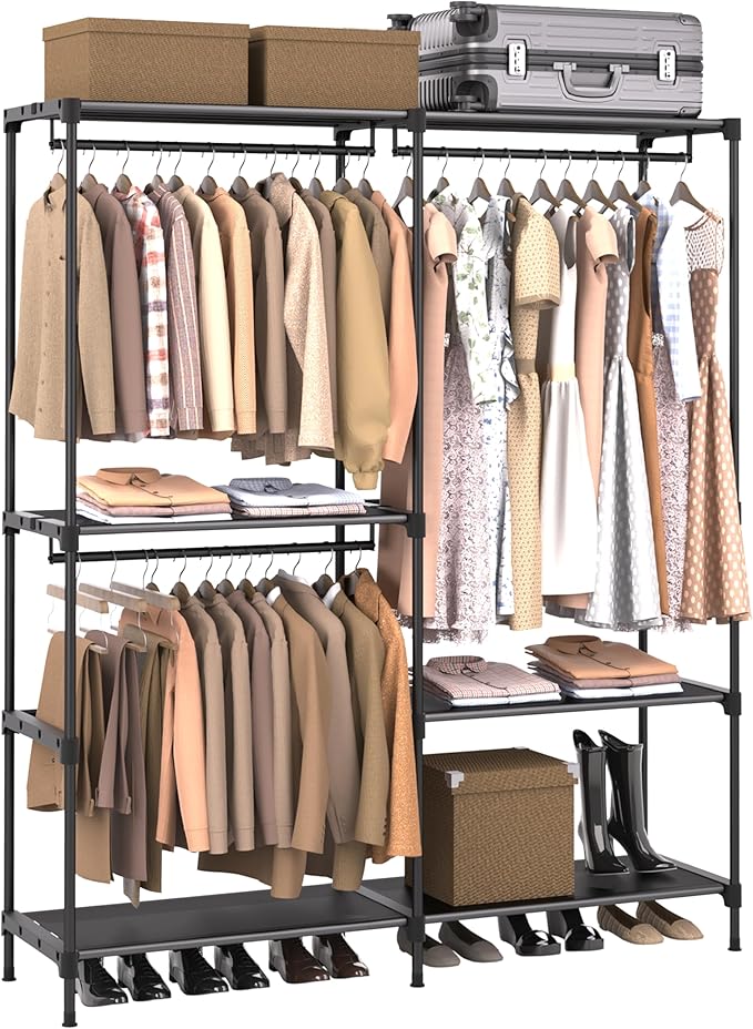 Clothes Rack, Portable Closet, 54.3 Inch Large Capacity Wardrobe Closet, Clothes Storage Organizer with Shelves and 3 Hanging Rods, Easy to Assembly, Black PCT022B01