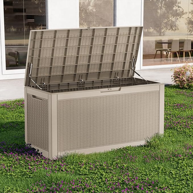 120 Gallon Deck Box Outdoor, Waterproof Outdoor Storage Boxes with Lids, Outside Resin Lockable Storage Box for Patio Cushions, Garden Tools(Grey)