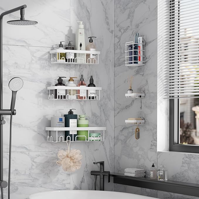 Veken 6-Pack Rustproof&Waterproof Shower Caddy, Adhesive Shelves Rack with Soap Holder, Large Bathroom & Washroom Organizer, No Drilling Wall-Mounted Kitchen&Home Decor,Ideal for Bathtub Storage,White