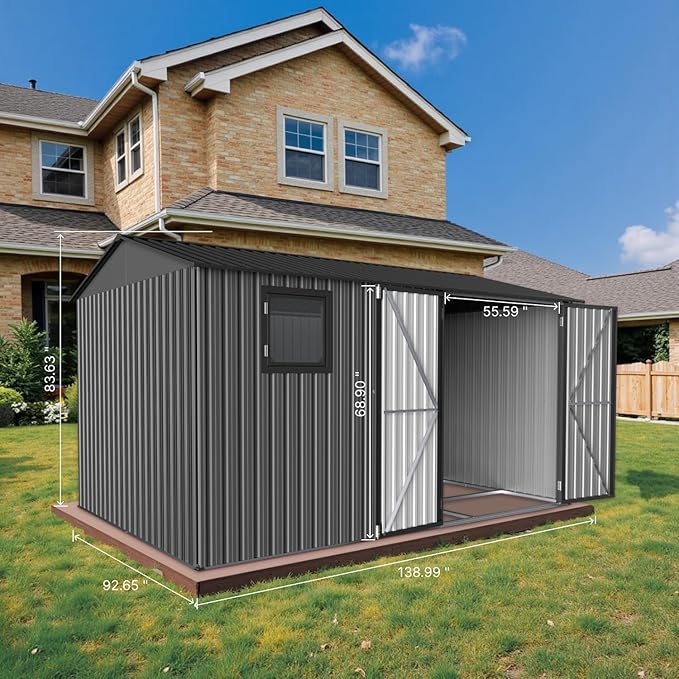 12' x 8' XL Outdoor Storage Shed, Sturdy Metal Building w/Floor and Operable Window for Garden, Backyard, Poolside and Lawn, Grey