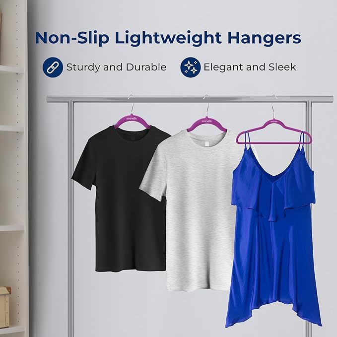 SereneLife 20 Pack Velvet Hangers – Non-Slip Clothes Hangers with Heavy Duty Design, Slim Space-Saving Coat Hangers with 360° Swivel Hook, Strong Lightweight Closet Organizer Set for Clothes (Purple)
