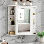 Meilocar Bathroom Medicine Cabinet, Bathroom Mirror Cabinet Wall Mounted with 6 Side Open Shelves, White Wall Cabinet with Mirror, White