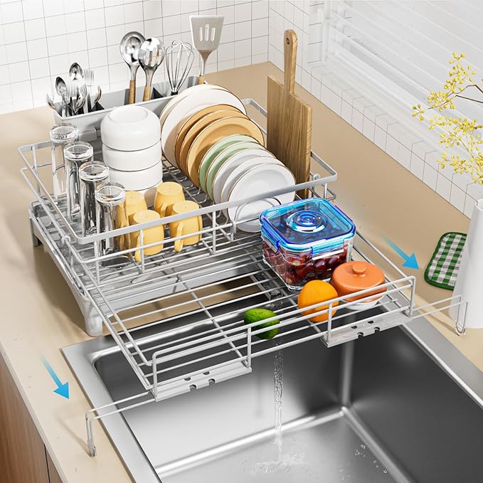Dish Drying Rack - Expandable Rack, Large Capacity Dish Drainer for Kitchen Counter, Rust-Proof with Utensil Holder, Gray