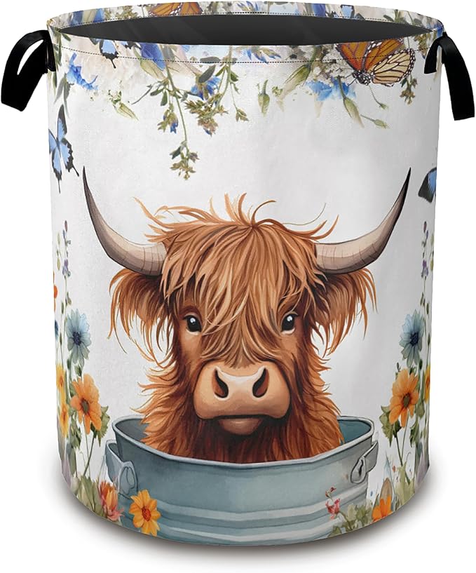 Highland Cow Laundry Hamper,Collapsible Laundry Baskets,Butterfly Flowers Dirty Clothes Baskets with Handles,Oxford Cloth Hamper for Bedroom,Bathroom,College Dorms, 16"x20"