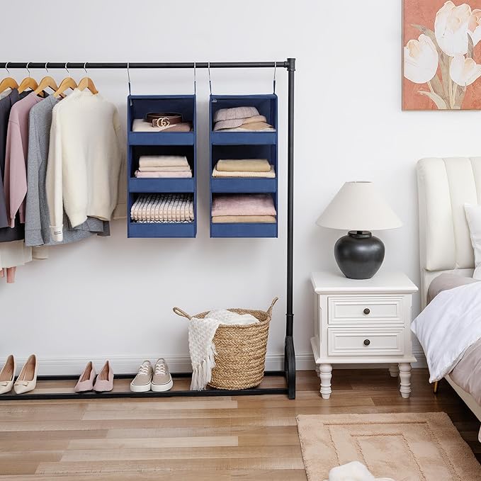 GRANNY SAYS 3-Shelf Closet Organizers and Storage, Foldable Hanging Closet Organizer, Closet Hanging Shelves with 2 Metal Hooks, Leak-Proof Hanging Organizer for Closet, Navy, 2-Pack