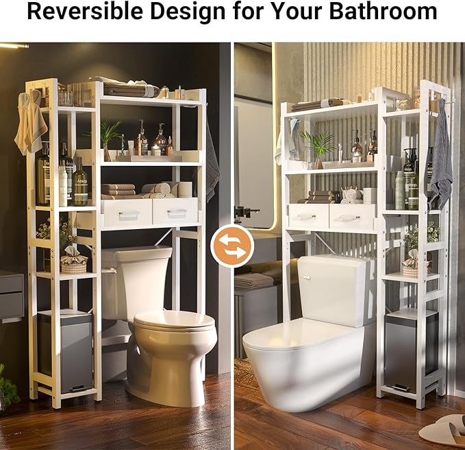 Over The Toilet Storage with 2 Drawers - 7 Tier Bathroom Organizer with Adjustable Shelf, Freestanding Space Saver Storage Rack Above Toilet Stand with 4 Hooks for Restroom, Laundry, White