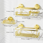 KEGII Suction Cup Shower Caddy – 3 Pack Suction Cup Shelf with Soap Holder & Hooks, Rustproof Stainless Steel Shower Organizer, Removable No Drilling Bathroom Storage Rack, Gold