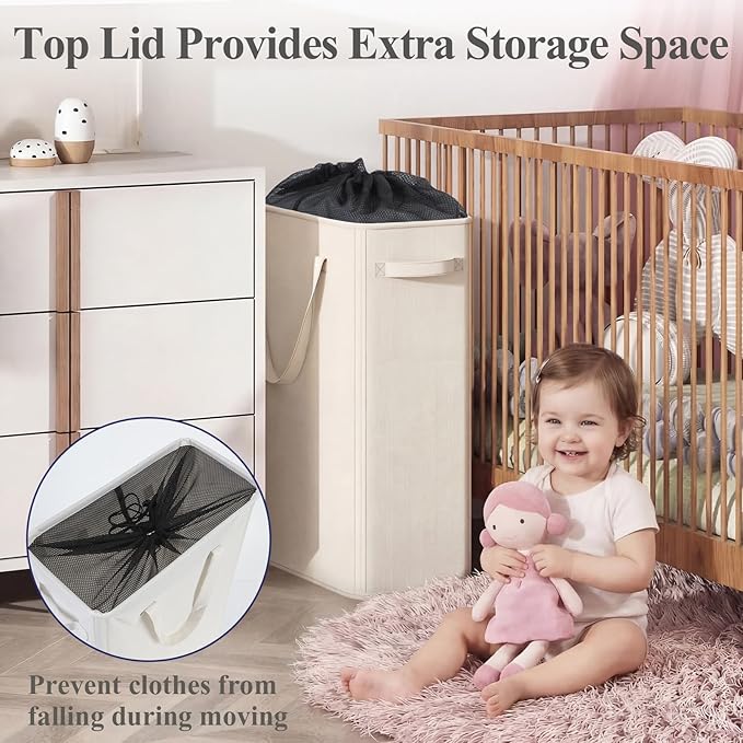 50L Baby Laundry Hamper for Nursery, Slim Laundry Hampery with Handles, Narrow Laundry Basket for Dorm, Bedroom, Living Room, Collapsible Laundry Basket, White