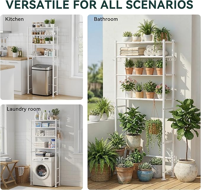 4-Tier Over The Toilet Storage, 200lb Total Capacity Metal Bathroom Organizer with 36" Clearance, Includes Paper Holder & 4 Hooks, Space Saving Rack for Bathroom Laundry Room (64" H, White)
