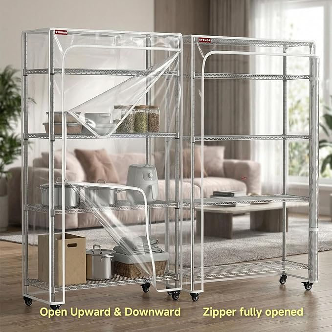 Clear PVC Wire Shelf Cover, 48" W x 18" D x 72" H, 3-Way Opening with Two-Way Zippers, Waterproof Transparent Shelving Cover for Storage Rooms & Utility Areas, Laundry Room, Kitchen & Garage
