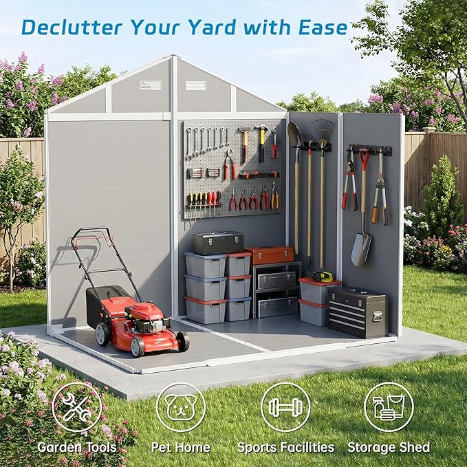 Larbanke 8x6FT Outdoor Storage Shed with Floor, Resin Tool Shed with Lockable Door and Air Ventilation, Waterproof Garden Storage Shed with Sloped Roof for Patio, Lawn, and Backyard, Gray