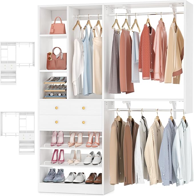 5FT Small Closet System with Drawers, 60" Closet Organizer System with Reversible Hanging Shelving, Closet Systems for Small/Walk-in Closets, White