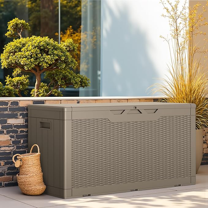 Greesum Outdoor Storage Box 100 Gallon Storage Bin with Lid for Patio Furniture, Garden Tools, Pool Supplies, Lockable, Waterproof and UV Resistant, Light Coffee