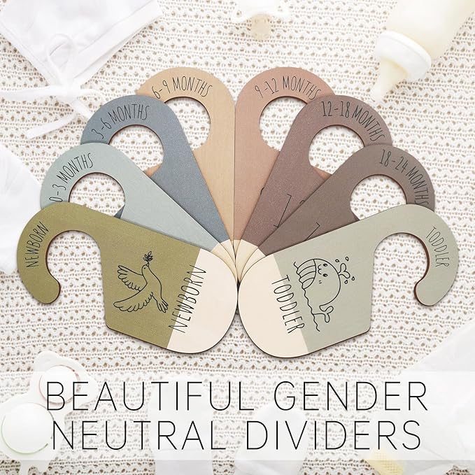 Baby Closet Dividers for Clothes Organizer - Set of 8 Wooden Double-Sided Baby Clothes Size Dividers form Newborn to Toddler for Daily Gender-Neutral Baby Nursery Decor