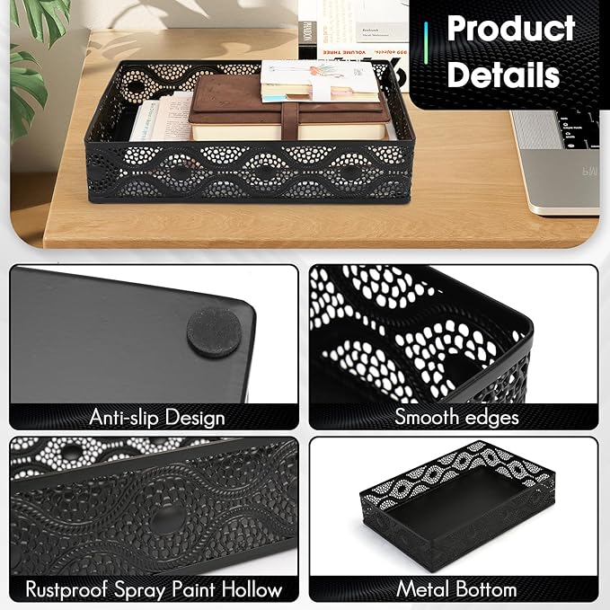 Desk Drawer Organizer, A4 Large Metal Mesh Desk Rrganizer Tray, Carved Hollow Floral Tray, Versatile Storage Box Set for Office Home Supplies,13x9x3 inches (Curved,2 PCS)