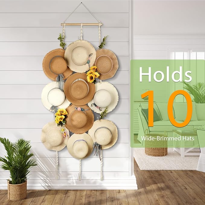 Macrame Hat Hangers for Wall Wide Brimmed Hat Holder Storage 10 Clips Hat Rack Organizer for Wall Display Boho Decor for Fedora Sun Hats Straw Panama Closet Bedroom Gifts for Mom