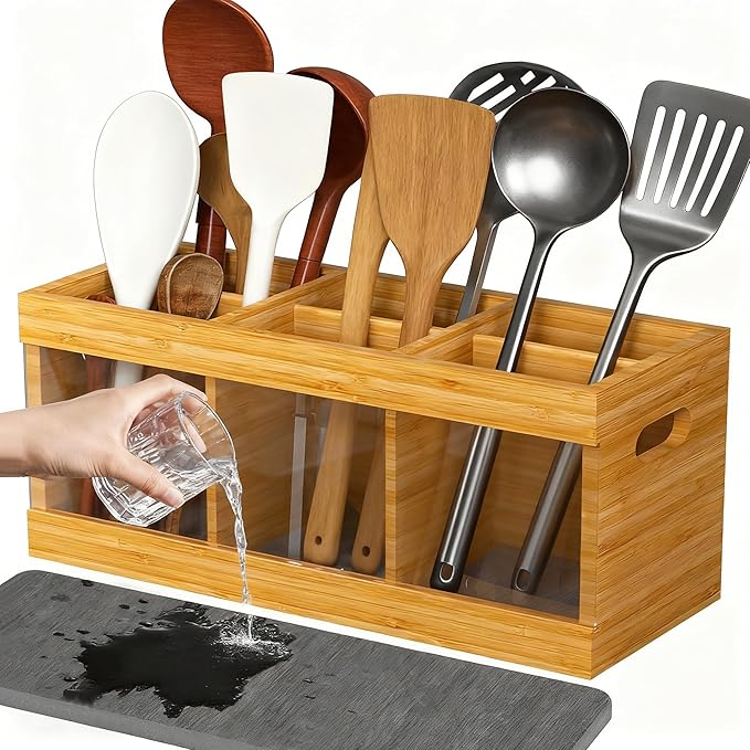 Garvee 10 in Bamboo Utensil Holder for Countertop, Kitchen Cooking Utensil Organizer with 6 Compartments & Diatomaceous Earth Drying Mat, Wood Silverware Caddy for Party Home, Natural