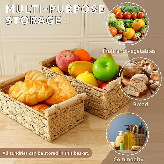 4PCS Toilet Paper Basket Decorative Woven Basket with Wood Handle Multipurpose Toilet Paper Bin for Home Bathroom Living Room Office