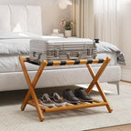 Fully Assembled Bamboo Luggage Racks, Foldable Suitcase Stand with 5 Nylon Straps, Luggage Stand with Shoe Shelf Ideal for Guest Room, Bedroom, Hotel, Honey Oak