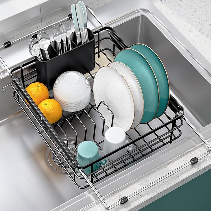 Over the Sink Dish Drying Rack,In Sink Dish Drying Racks,Expandable Dish Rack Over Sink Counter,Adjustable Dish Drainer for Inside Sink with Utensil Holder, Stainless Steel Dish Strainer Large Size