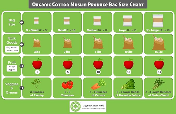 Food Grade Bulk Storage Bags - 6 Pack, XL Size, 100% Organic Cotton Drawstring Closure - Reusable, Washable, All-Natural Muslin Produce Flour Sack Cloth Bags for Grains (6 X-Large” 14”x18”)
