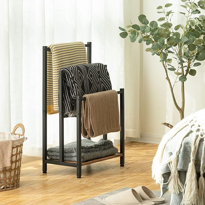 HOOBRO Free Standing Towel Rack, 3 Tier Blanket Rack, Blanket Holder for Bathroom, 16.9" L x 11" W x 31.9" H, Industrial Metal Drying and Display Rack with Shelf, Rustic Brown and Black BF03LB01