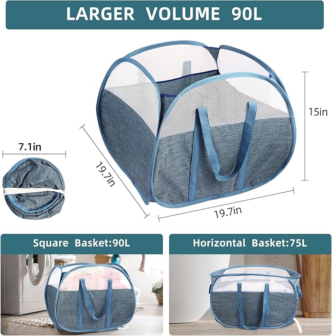 Durable Collapsible Laundry Basket, 90L Clothes Hampers for Laundry, Foldable Laundry Basket with Handles, Tear-proof Pop Up Hampers for Bedroom, Bathroom, Kids Room, Dorm, Travel or Campout Blue