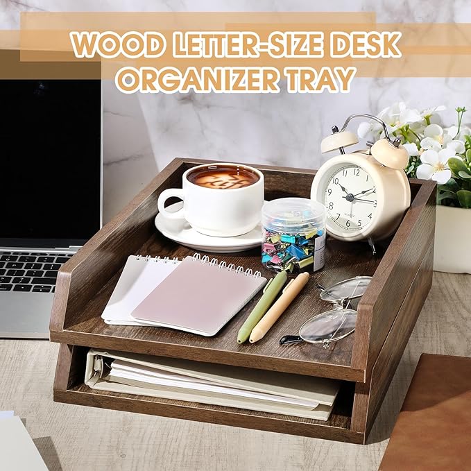 2 Pcs Wooden Letter Trays Wood Letter-Size Desk Organizer Heavy Duty 2 Tier Stackable Supports Paper Tray Desktop Drawer Organizer File Folder Magazine Office Accessories (Dark Wood)
