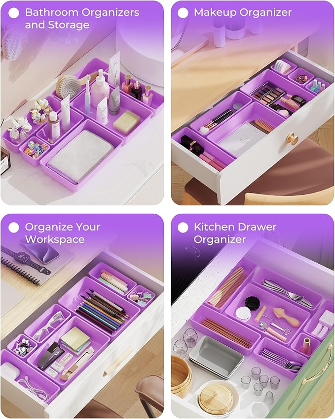 25 PCS Plastic Drawer Organizers Set, 4-Sizes Vanity and Makeup Organizer, Desk and bathroom Drawer Organizer Trays, Organizers and Storage for Makeup, Jewelry, Gadgets, Utensils (Purple)