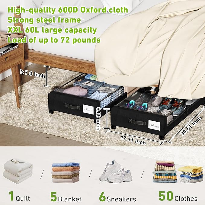 Under Bed Storage with Wheels, XXL 60L Under the Bed Storage Bins, Underbed Storage Containers with Lids & Label, Rolling Metal Drawer for Shoes, Clothes, Books, Toys (2-Pack Black)