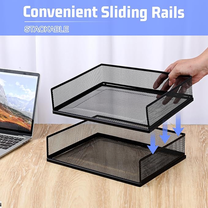 2 Pack Stackable Letter Tray, Wire Mesh Desk File Organizer Metal Desktop Paper Sorter Desk Tray Document Magazine Storage Basket for Home Office Supplies - Transverse Load, Black