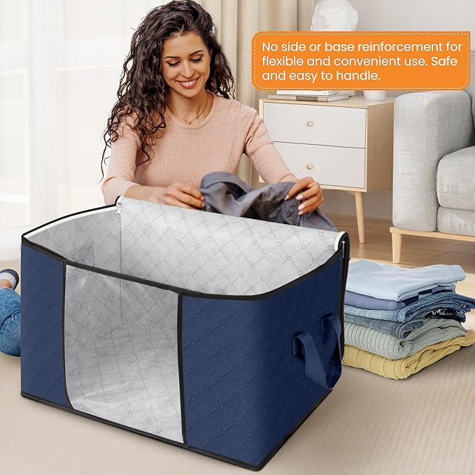 Fab totes 24 Gallons Clothes Storage, Foldable Thick Fabric Blanket Storage Bags, Containers for Organizing Bedroom, Closet, Clothing, Comforter, Organization with Handle (4 Pack,Blue)