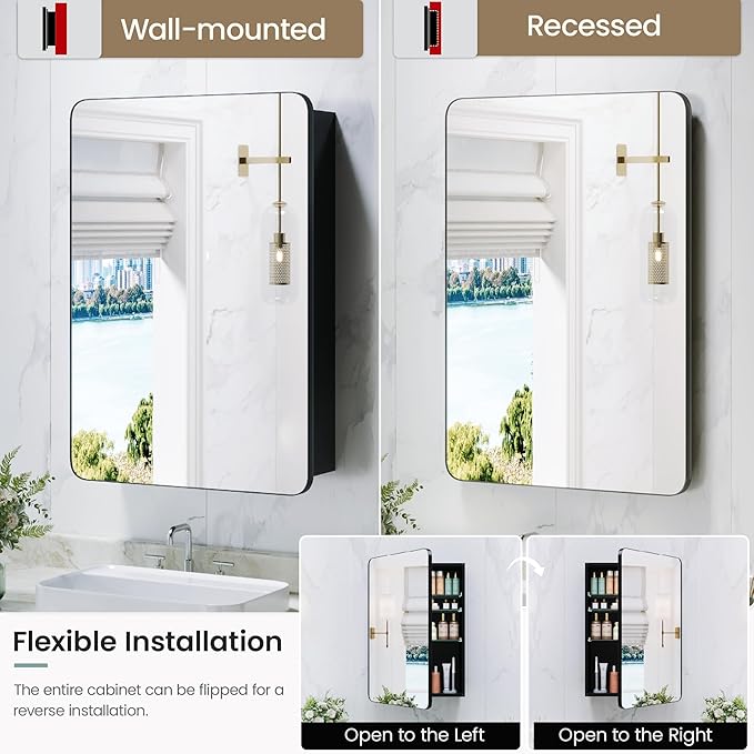 Medicine Cabinet 20x26 Inch, Black Aluminum Bathroom Mirror Cabinet with Storage, 6 Adjustable Glass Shelves, Rust Proof, Recessed or Surface Mount Wall Cabinet, Soft Close Hinge