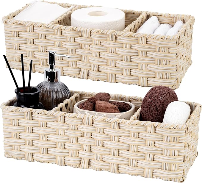 GRANNY SAYS Bathroom Baskets for Organizing, Wicker Basket for Storage, Wicker Baskets for Shelves, Waterproof Back of Toilet Storage Basket, 3 Section Bathroom Organizer Basket, 2-Pack