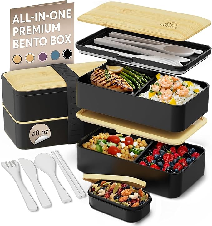 Umami Bento Box Adult All-In-1 w/4 Utensils, Big Sauce Jar, 2 Dividers, 100% Leakproof, Microwave & Dishwasher Safe Stackable Bento Lunch Box Containers for Men/Women, Black & Bamboo, 40 oz