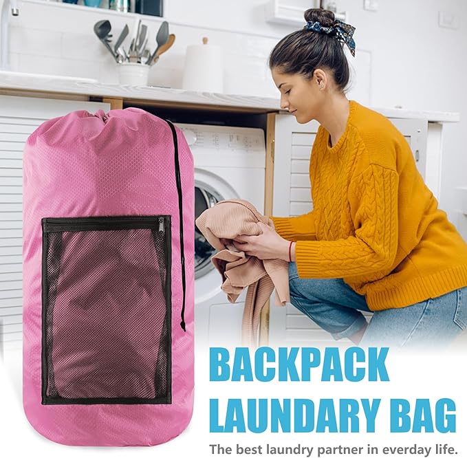 Laundry Bag Backpack, Extra Large Travel Laundry Bag with Mesh Pocket & Adjustable Shoulder Straps,Dirty Clothes Travel Bag for College Students Dorm,Apartment(Pink)