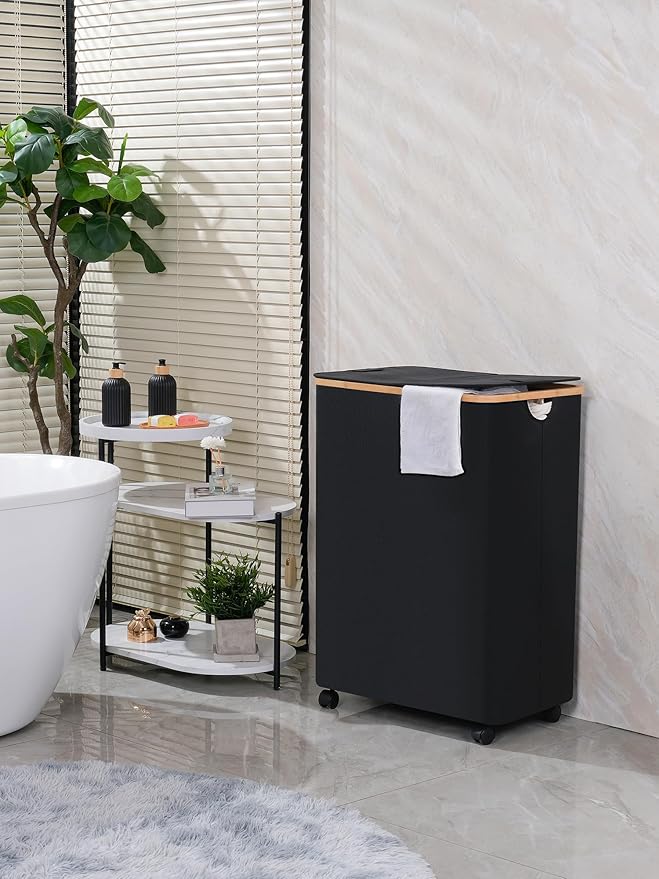 efluky Double Laundry Hamper with Wheels, Divided Laundry Hamper with Removable Bags, 2 Section Dirty Clothes Basket with Handles for Bathroom, Bedroom & Laundry Room, 160L Dark Black