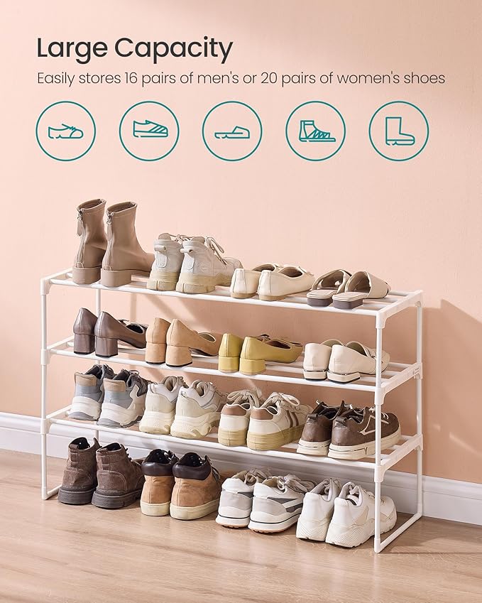 SONGMICS Shoe Rack, 3-Tier Shoe Organizer, Metal Storage Shelf, Upright or Upside Down, for 16-20 Pairs, Stackable, for Entryway, 11.8 x 36.2 x 21.7 Inches, Pearl White ULSA303W03