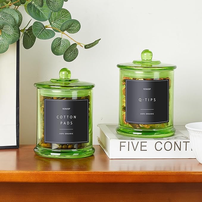 Qtip Holder & Cotton Pad Dispenser, Bathroom Organizer and Storage Canisters, 16oz Glass Apothecary Jars for Kitchen, Restroom - Home Decor Accessories, Room Decor Aesthetic (2 Pack, Green)