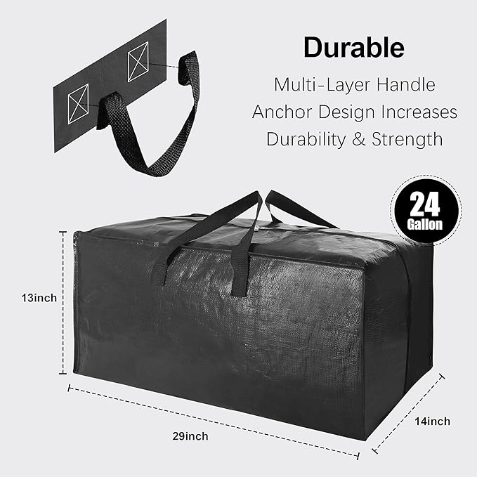 Heavy Duty Extra Large Moving Bags W/Backpack Straps - Strong Handles & Zippers, Storage Totes For Space Saving, Fold Flat, Alternative to Moving Box and Storage Bin (Set of 6, Black)