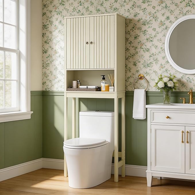 Tangkula Over The Toilet Storage Cabinet, Bathroom Space Saver with Fluted Doors Adjustable Shelf & Bottom Bar, Freestanding Above Toilet Storage Cabinet Organizer for Laundry, Restroom (Cream White)