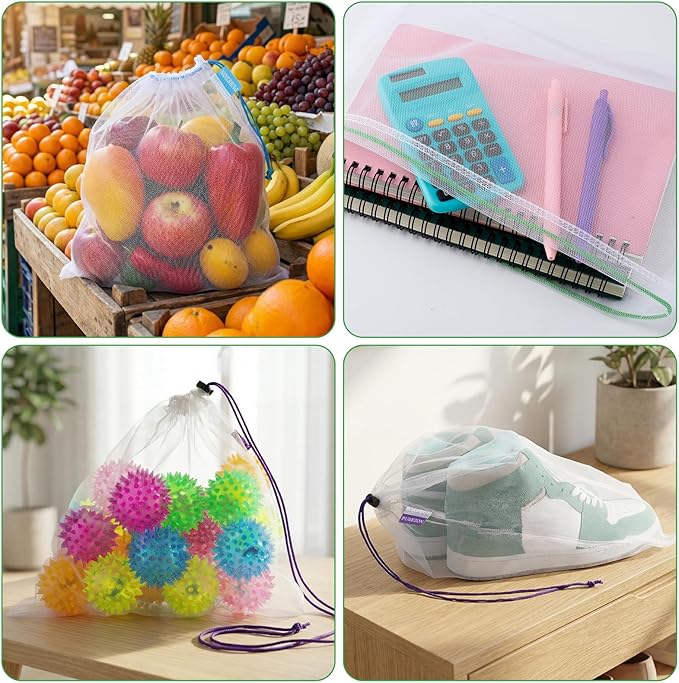 18 PCS Reusable Produce Bags, Heavy Duty Washable Mesh Grocery Bags with Drawstring, See-Through Food Safe Mesh for Fruits Vegetables Toy Storage, Multi-Size S/M/L