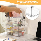 Acrylic Desk Organizer with 4-Vertical File Holder Rack, 3-Clear Drawer and 2 Pen Holders, Desktop Storage for Office Desk Accessories School Classroom Organization (Clear)