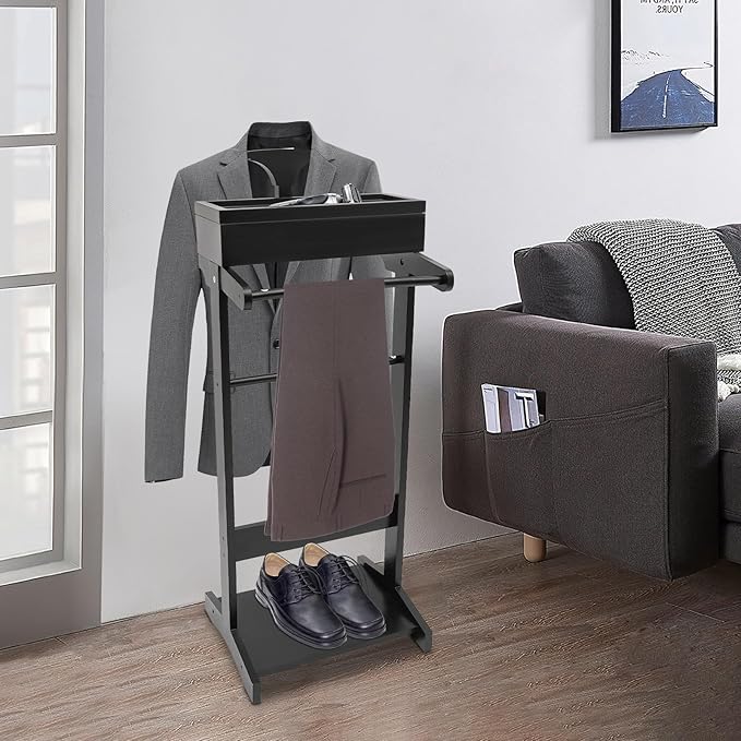 Suit Valet Stands for Women and Men Clothes Wood Valet Stand with Base Freestanding Clothing Organizer Valet Stand Contour Hanger Trouser Bar Belt Hooks for Office Living Room (Black)