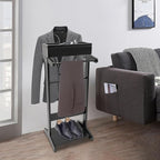Wood Men Valet Stand Multifunction Clothes Valet Floorstanding Suit Stand Rack with Drawer & Shoe Rack for Bedroom, Entryway, Hotel, Home Office Use (Black)