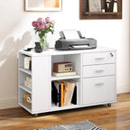 DWVO File Cabinet with Charging Station, 3 Drawer Mobile Office Furniture, Lateral Filing Cabinet with Lock, Printer Stand with Open Storage Shelf for Home Office, White