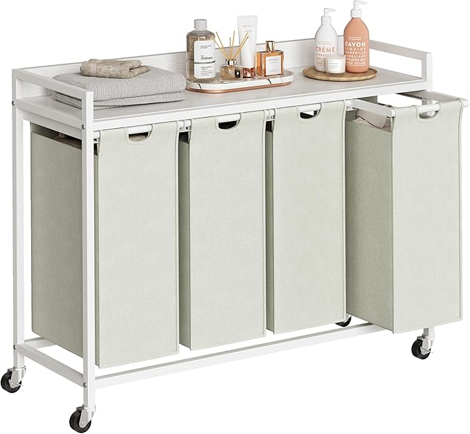 Laundry Hamper with Shelf, Laundry Basket 4 Section, Laundry Sorter with Pull-Out Removable Large Bags and Movable Wheels, Metal Frame, 4 x 15.87 Gallons (60L), White PF07XLW