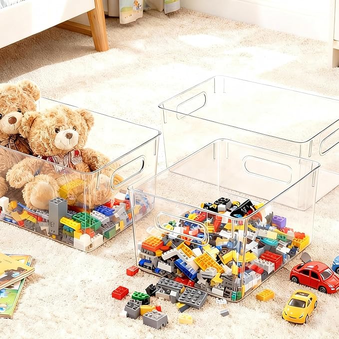 JollyPack 4 Pack Clear Plastic Storage Bins, Pantry Organizers and Storage with Handles, Clear Storage Containers for Fridge, Kitchen, Cabinet, Bathroom and Office