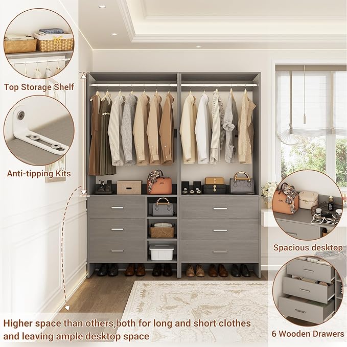 Aheaplus Closet System with 6 Drawers, 4.5ft Wood Closet Organizer System, Walk-in Closet or Small Closets Wardrobe, Clothes Rack with Hanging Rods, Set of 2 Grey
