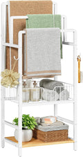 HOOBRO Free Standing Towel Rack, Blanket Rack with 3 Towel Bars, Storage Basket and Shelf, Towel Holder with Hook, Blanket Organizer, for Bathroom and Laundry, White and Natural WN13LB01